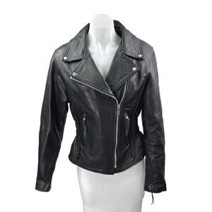 Interstate Leather Genuine Black Long Sleeve Zip Up Biker Motorcycle Jacket XS